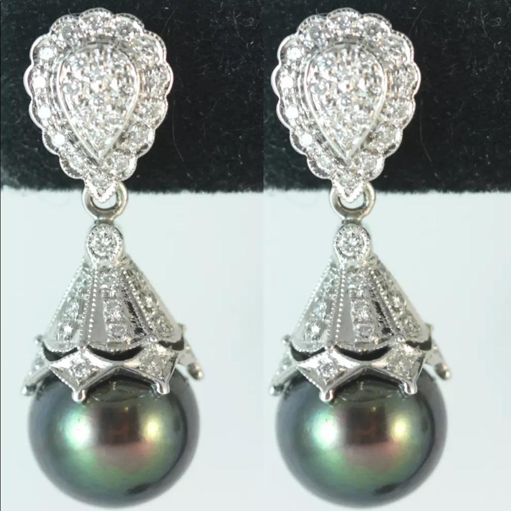 TAHITIAN  PEARL & DIAMONDS WHITE GOLD EARRINGS